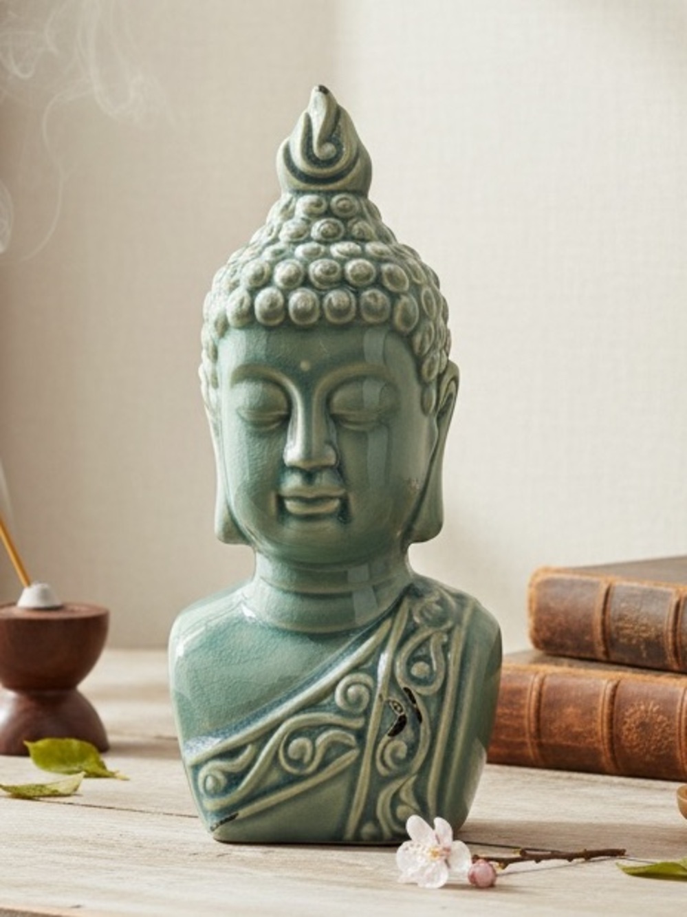 Vintage Style Distressed Ceramic Buddha Bust Statue Figurine